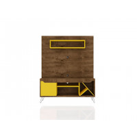 Manhattan Comfort 218BMC94 Baxter 53.54 Mid-Century Modern Freestanding Entertainment Center with Media Shelves and Wine Rack in Rustic Brown and Yellow